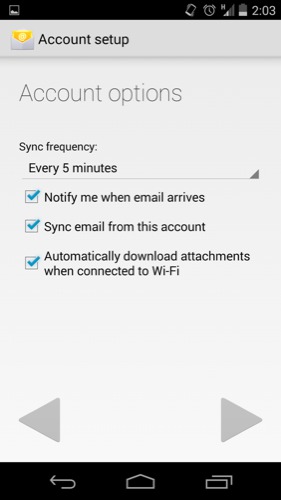 Account options when setting up a new mail account on an Android phone