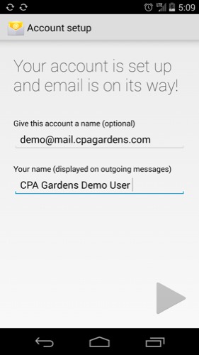 Final Setup screen when setting up mail on an Android phone