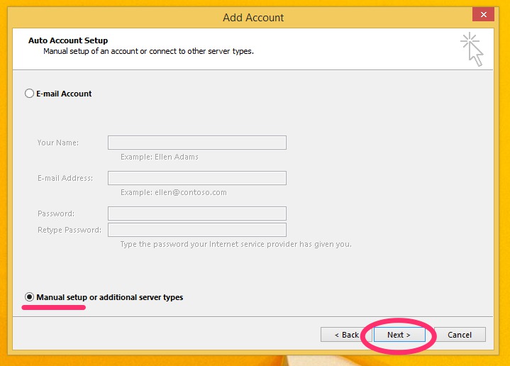 choose manual setup when configuring the mail server on outlook 