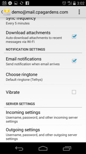 Android more settings on an existing mail account