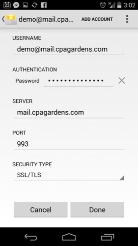 Incoming mail server settings for CPA Gardens on Android 