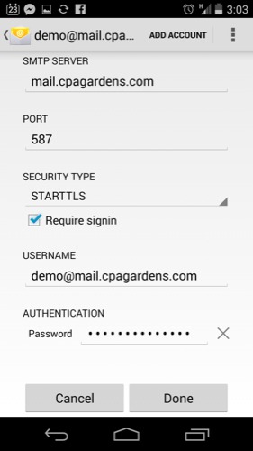 Outgoing mail server settings for CPA Gardens on Android.