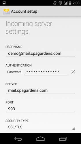 The incoming server settings for CPA Gardens mail server on the Android phone