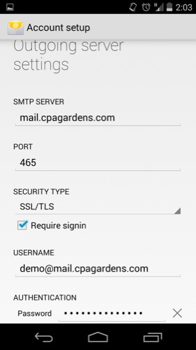 Outgoing server settings for CPA Gardens on an Android phone