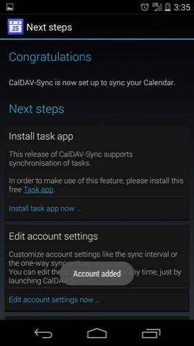 CalDav Account setup complete on an android phone