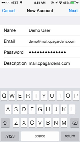 Enter basic settings about the new email account - name, email, password