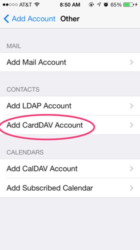 add new CardDav account on ios