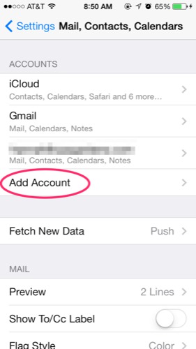 Add a new account from mail, contacts, calendars