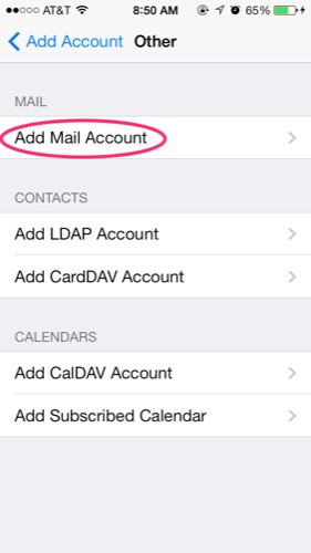 In the new account screen, type, other, select new mail account