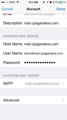 The mail server settings for an existing account on ios