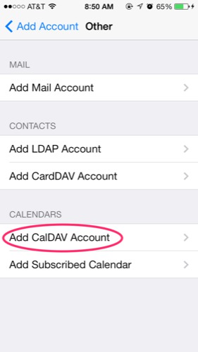 choose add new caldav account on ios 