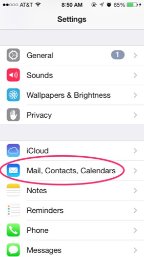 Inside the settings app - choose mail, contacts, calendars