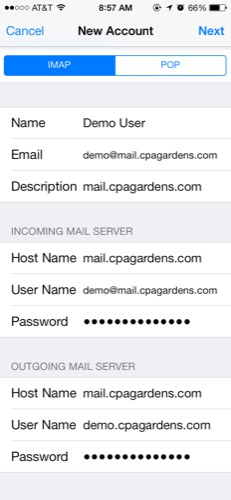 All the server settings, host, port, security,etc when setting up an new mail account on iso with CPA Gardens mail server